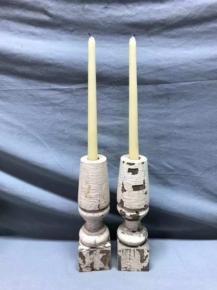 Pair Turned 10" Wood Shabby White Spindles Candle Stick Chunky Holders 1729-24B