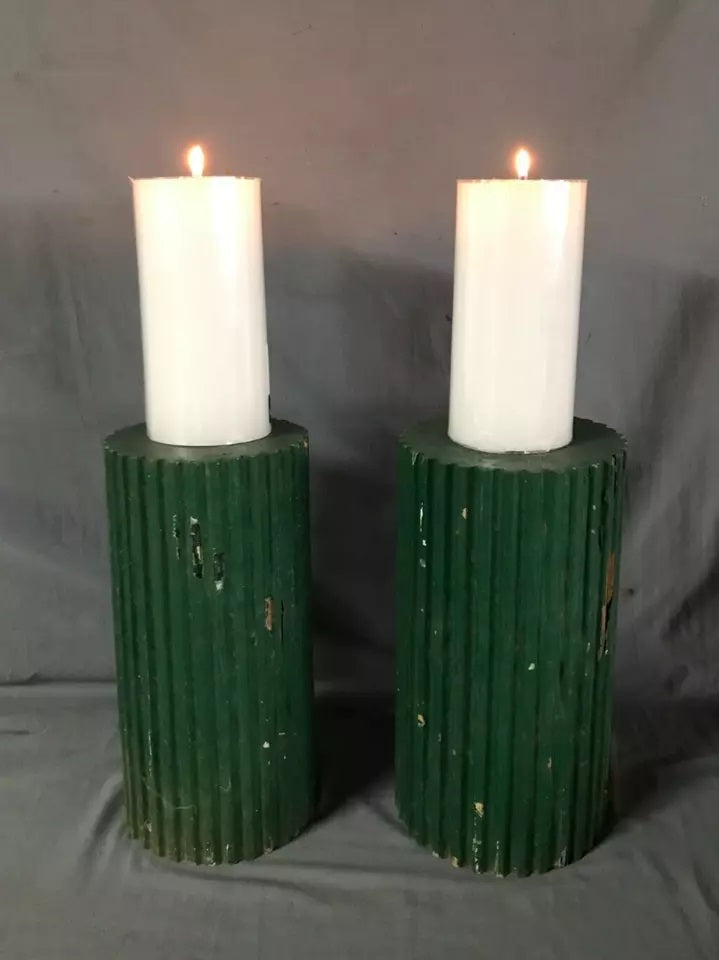 Two 14" Fluted Wood Shabby Chunky Chic Plant Candle Holder Stands VTG 1817-24B