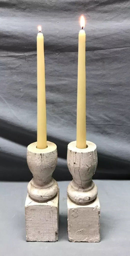 Pair Turned 9" Wood Shabby White Spindles Candle Stick Holders Chic 1730-24B