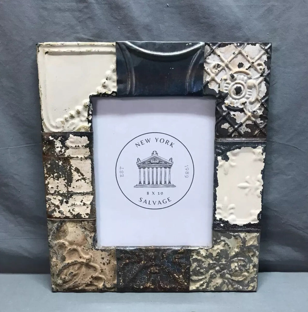 Salvaged Antique Tin Ceiling 8x10 Patchwork Metal Picture Frame Photo Anniversary 48-25B