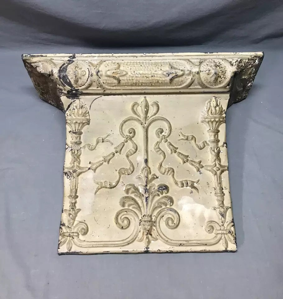 Architectural Salvaged 22" Embossed Torch Metal Tin Mantle Shelf Old 1968-24B