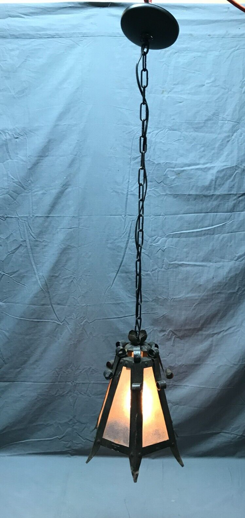 VTG Mid Century Metal Exterior Glass Ceiling Light Fixture Old Black 1537-22B