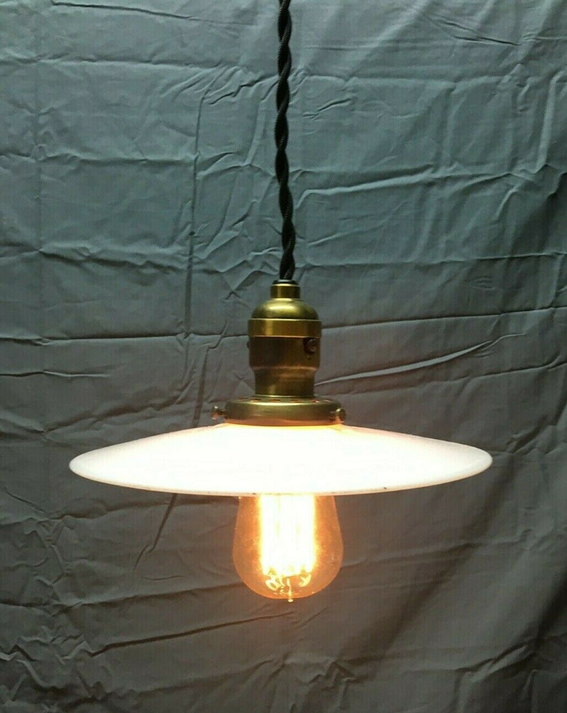 Antique Brass Light Fixture VTG 9" Milk Glass Saucer Shade 237-22B