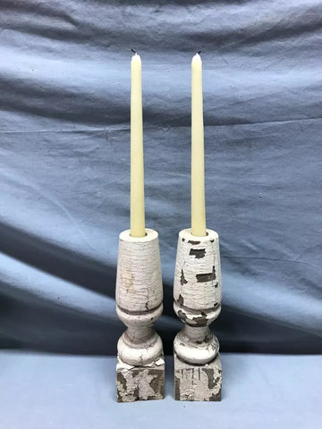 Pair Turned 10" Wood Shabby White Spindles Candle Stick Chunky Holders 1729-24B