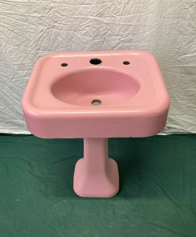 Antique Cast Iron Rose Du Barry Pink Porcelain Pedestal Sink Vintage 384-24E