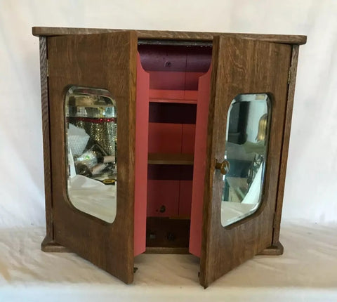 VTG Oak Hardwood Wall Mount Double Door Mirror Medicine Cabinet Old 120-25B