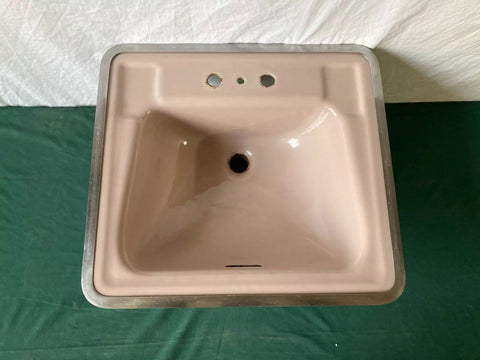 Vintage Mid Century 20x18 Cast Iron Taupe Porcelain Drop In Bath Sink Old 17-25E