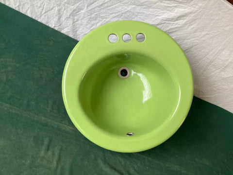 Vtg 19" Round Cast Iron Fresh Lime Green Self Rimming Drop In Sink Kohler 11-25E