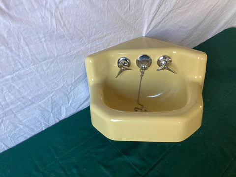 Vtg 11x11 Cast Iron Harvest Gold Yellow Porcelain Bath Corner Sink Kohler 91-24E